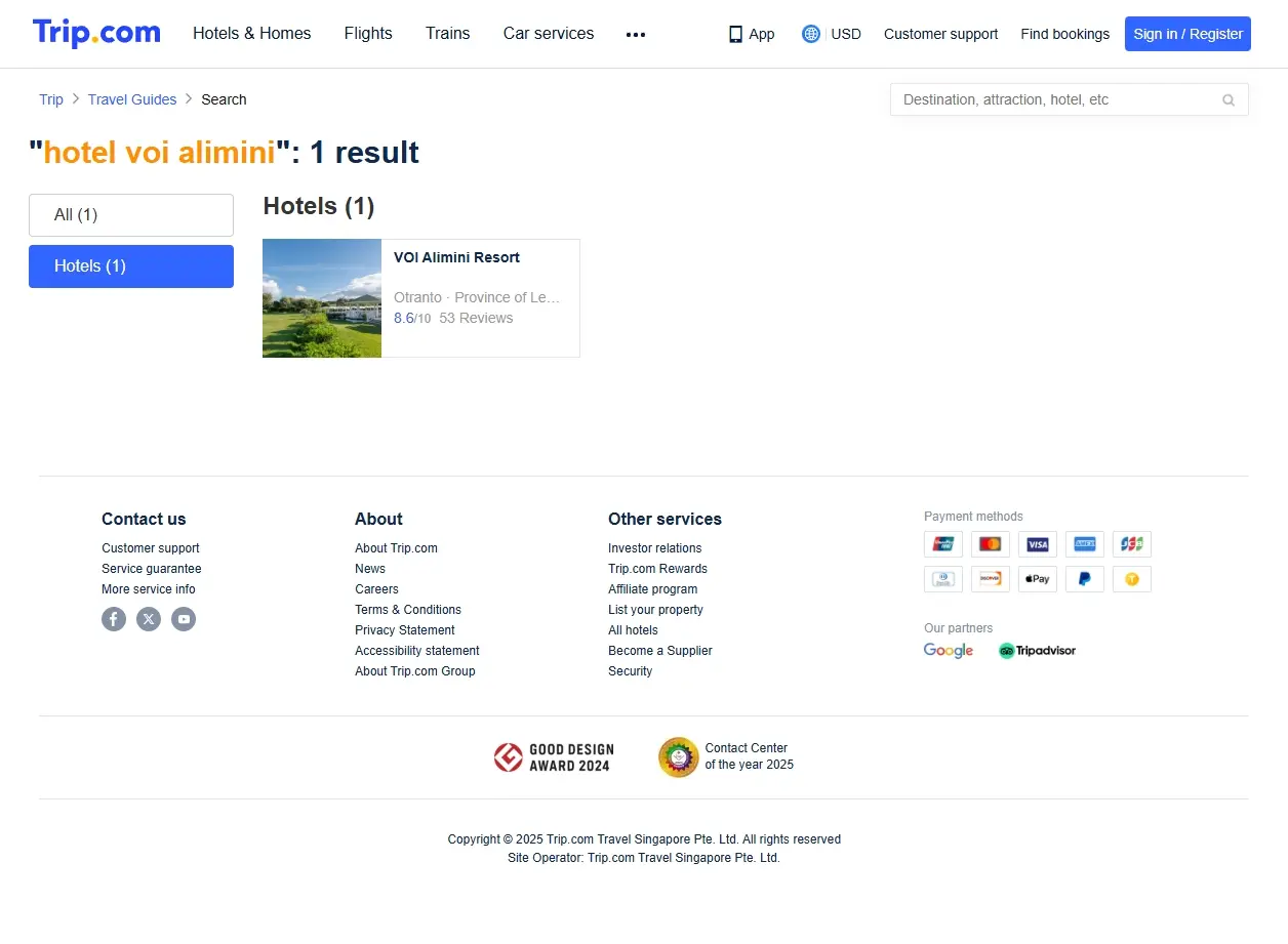 Schermata del sito web di Trip.com con offerte per hotel voi alimini