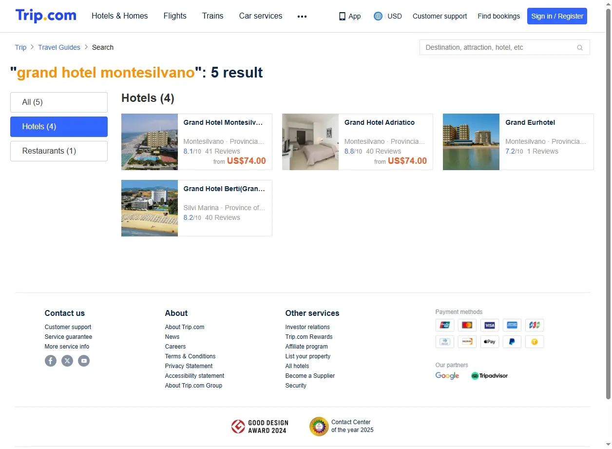 Schermata di offerte per hotel a Montesilvano