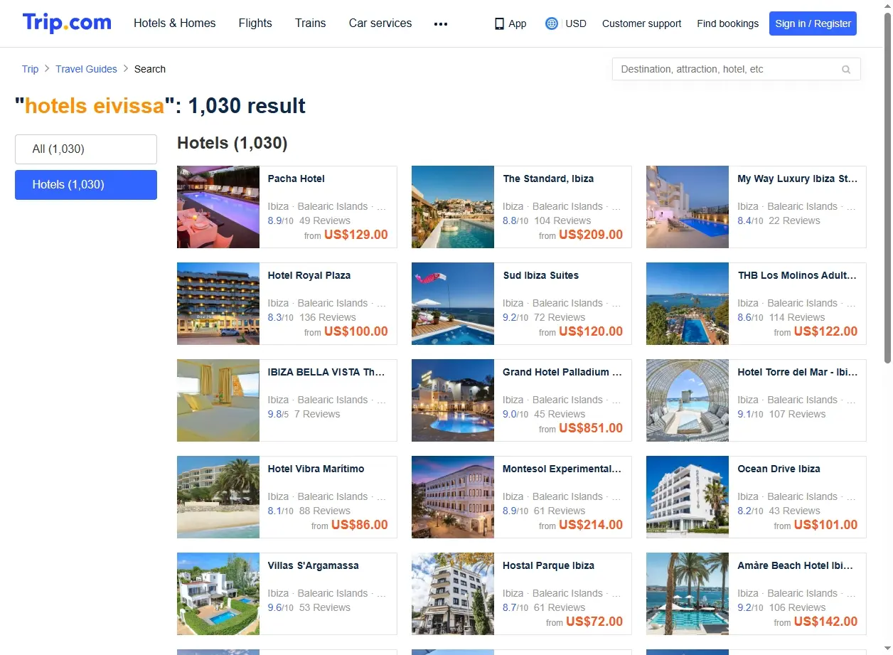 Schermata del sito di Trip.com con offerte di hotels eivissa