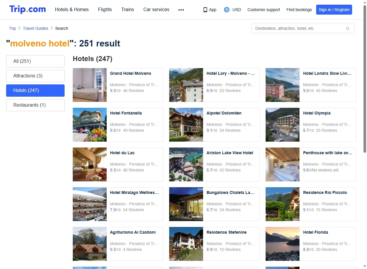 Screenshot di offerte speciali per hotel a Molveno.