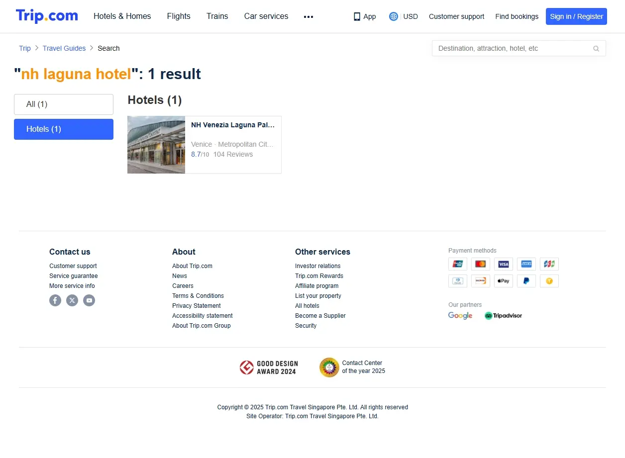 Schermata delle offerte di Trip.com per NH Laguna Hotel
