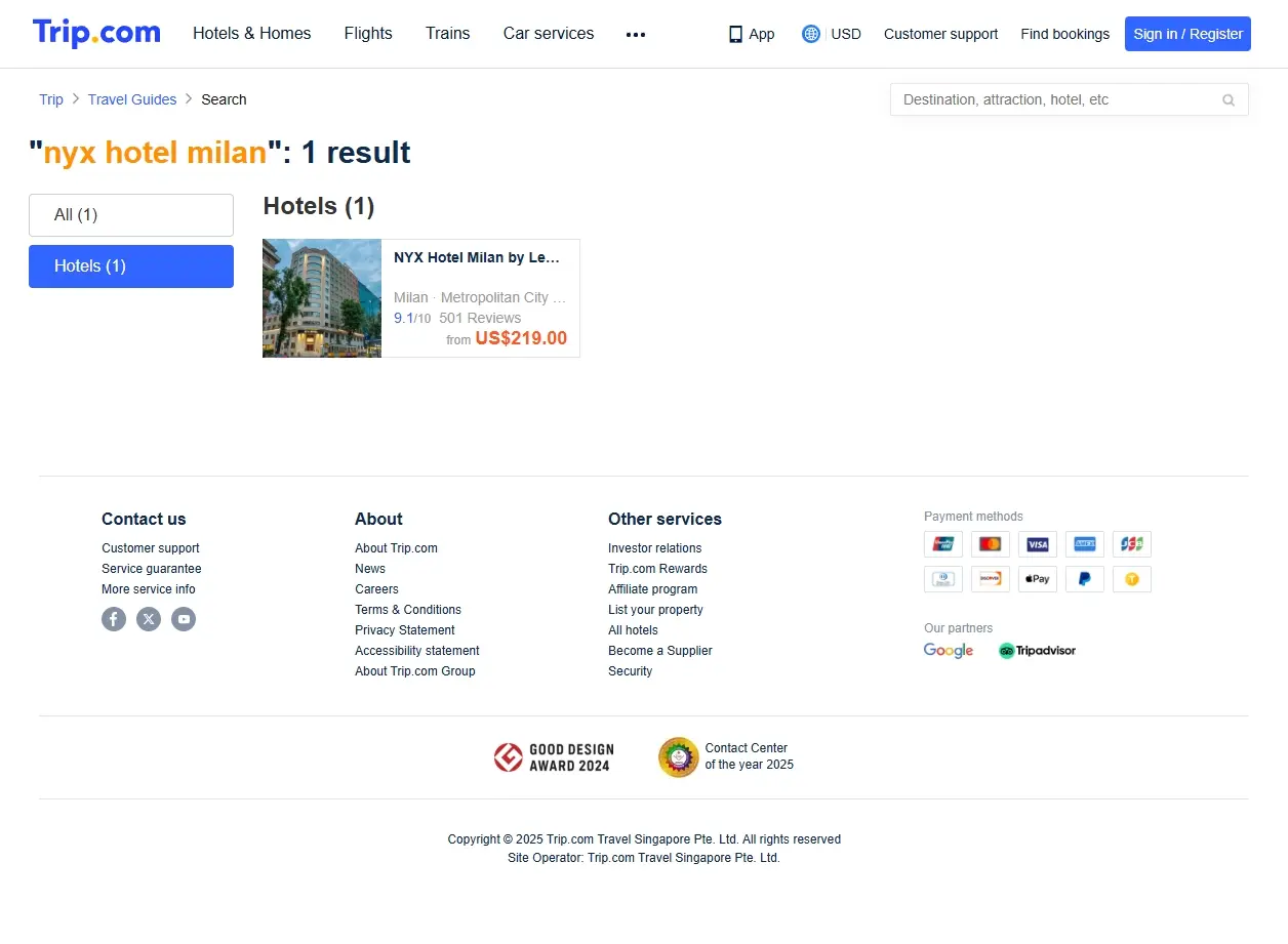 Schermata di offerte speciali per il NYX Hotel Milan