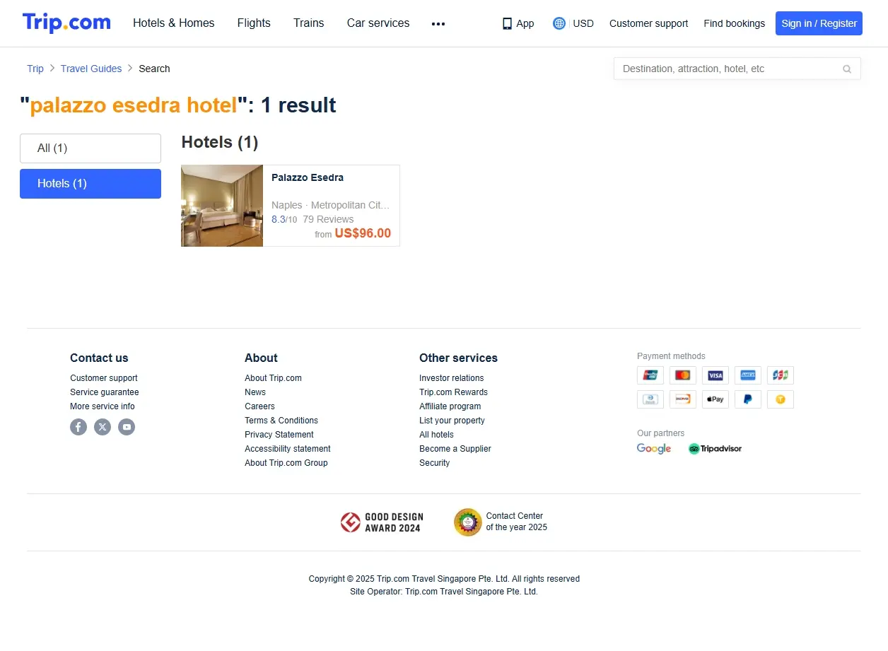 Schermata del sito che mostra offerte speciali per hotel