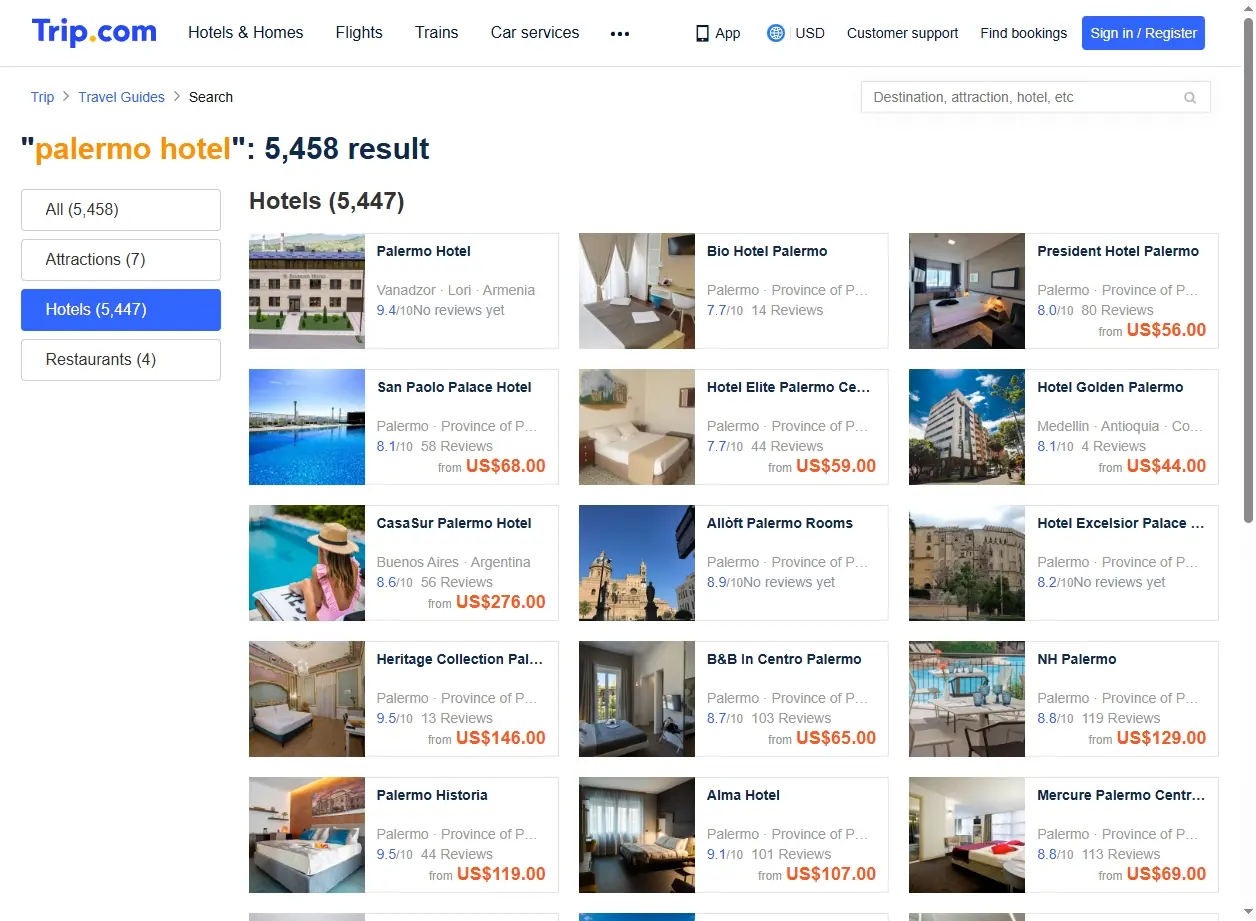 Schermata delle offerte di hotel per Palermo