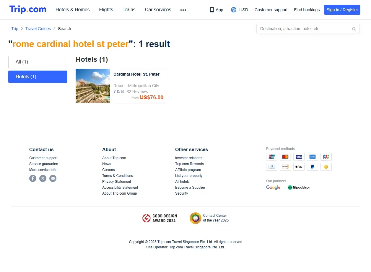 Schermata di offerte speciali per Rome Cardinal Hotel St Peter