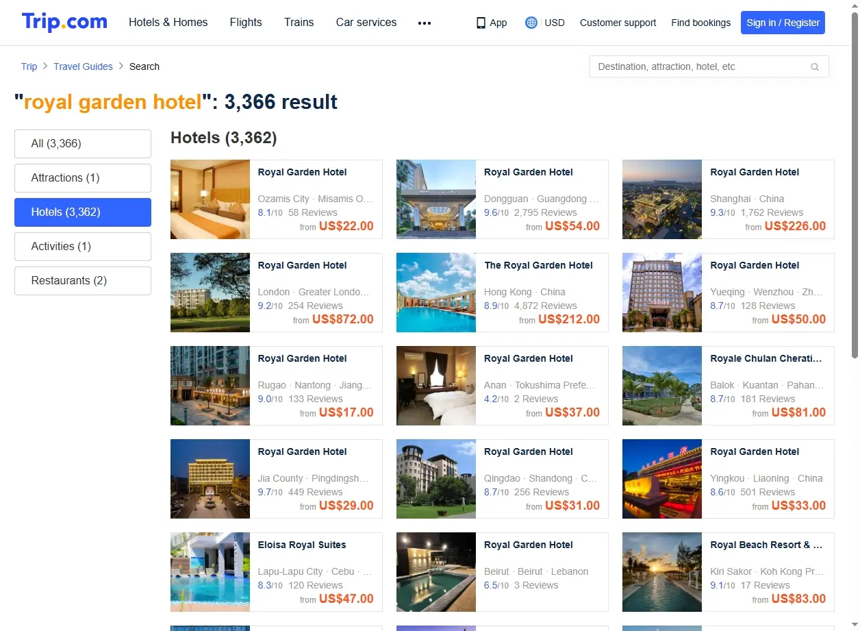 Schermata di ricerca hotel con offerte per il Royal Garden Hotel.