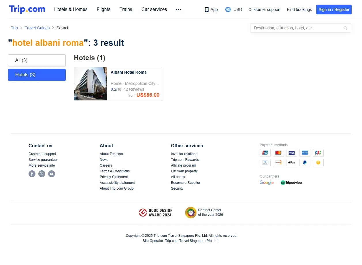 Schermata di Trip.com che mostra offerte speciali per l'Hotel Albani Roma.