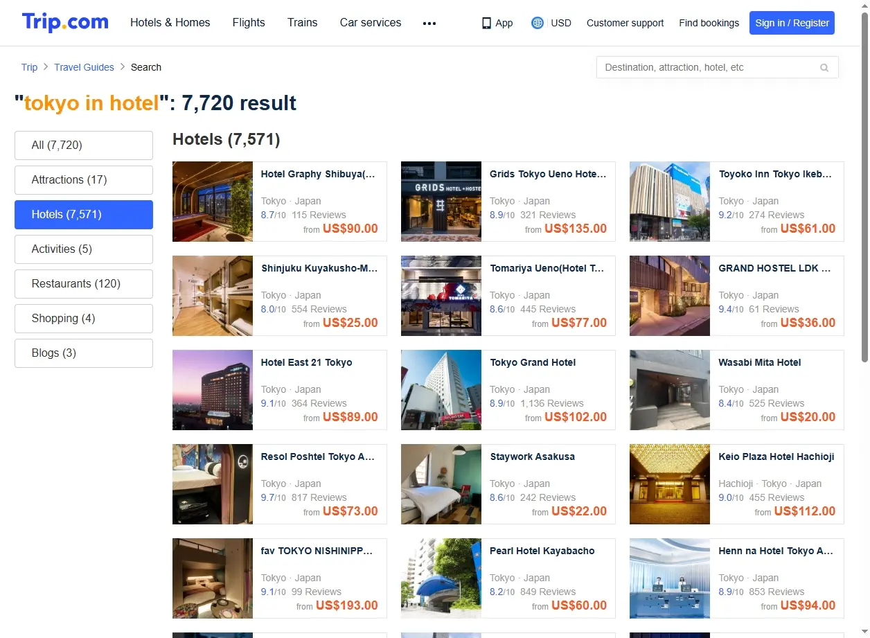 Schermata di ricerca offerte hotel Tokyo