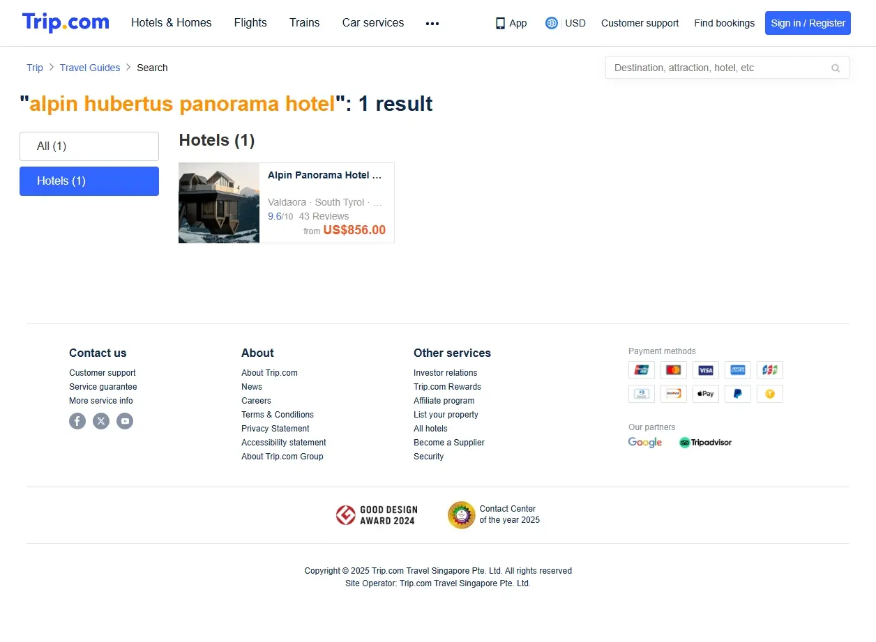 Screenshot di Trip.com che mostra offerte per l'Alpin Hubertus Panorama Hotel