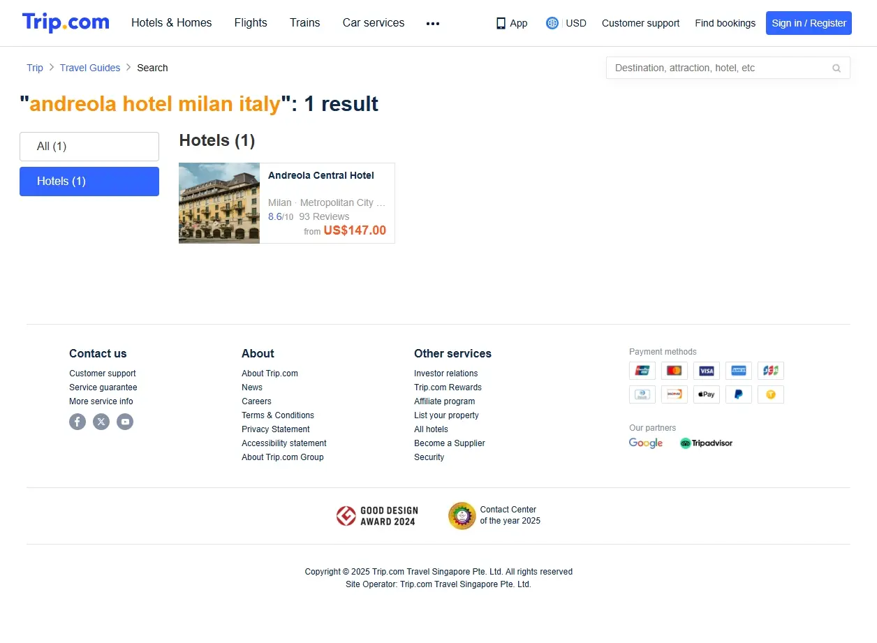 Schermata di Trip.com con offerte per Andreola Hotel Milan Italy