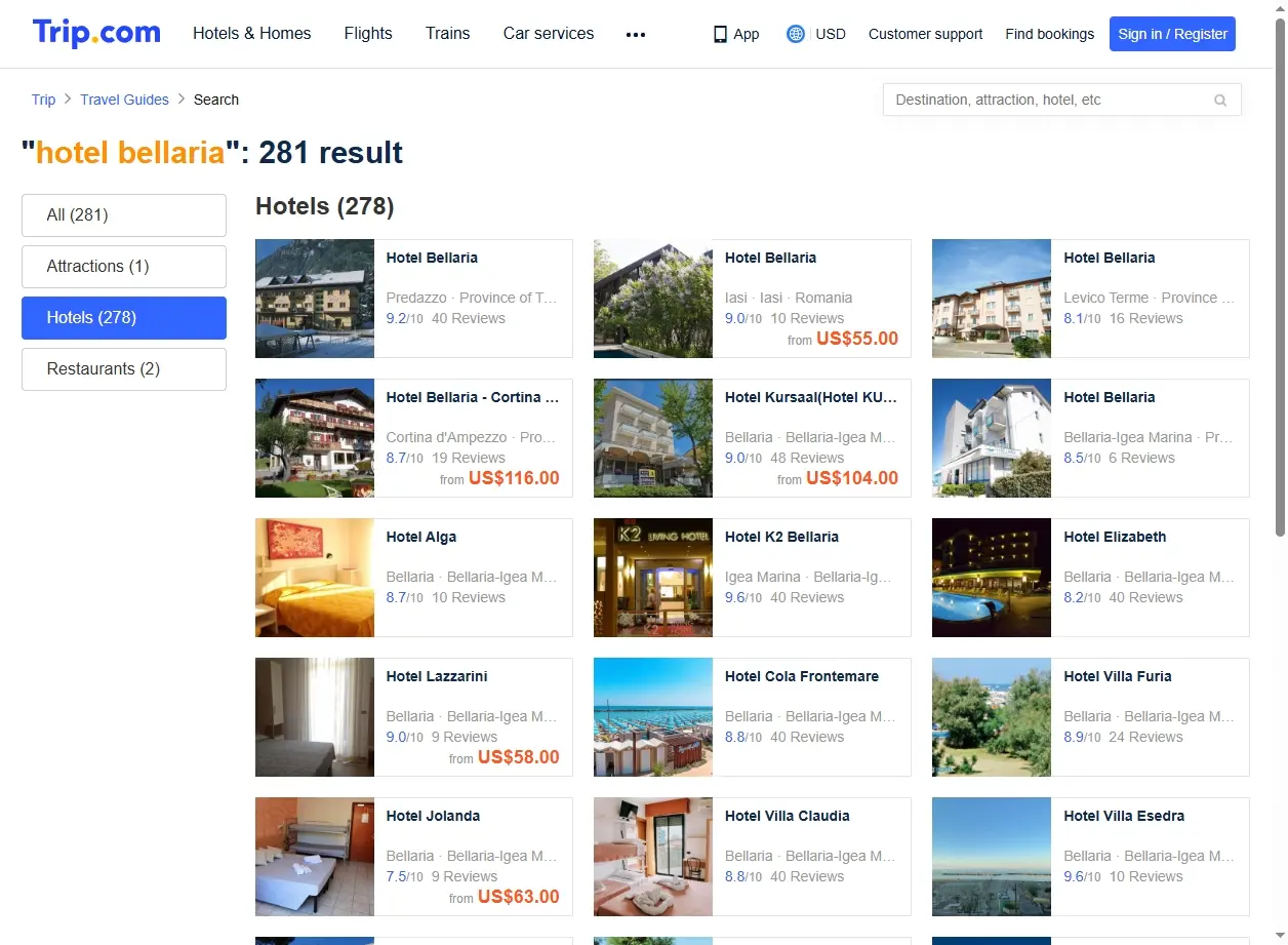 Schermata di ricerca offerte hotel Bellaria