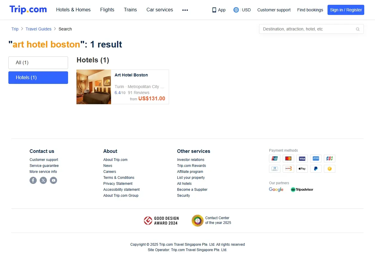 Schermata di offerte per Art Hotel Boston su Trip.com