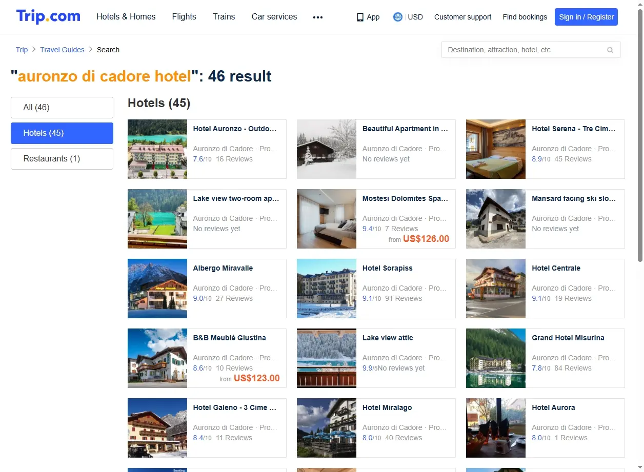 Schermata del sito che mostra offerte per auronzo di cadore hotel