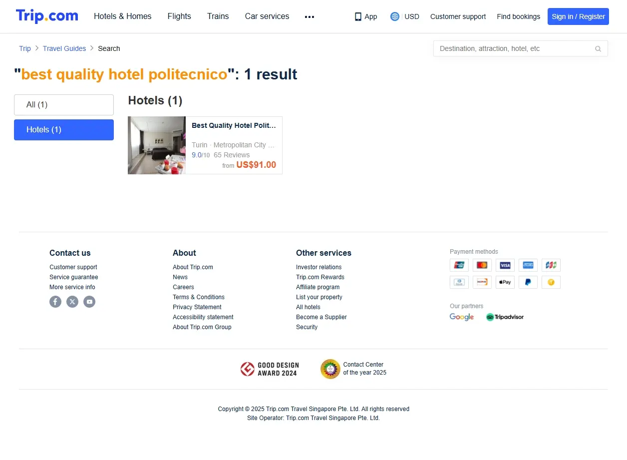 Screenshot di un sito di prenotazione che mostra offerte per hotel di qualità vicino al Politecnico