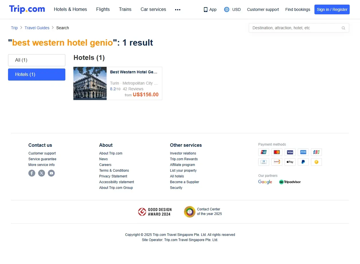 Schermata del sito che mostra offerte per Best Western Hotel Genio