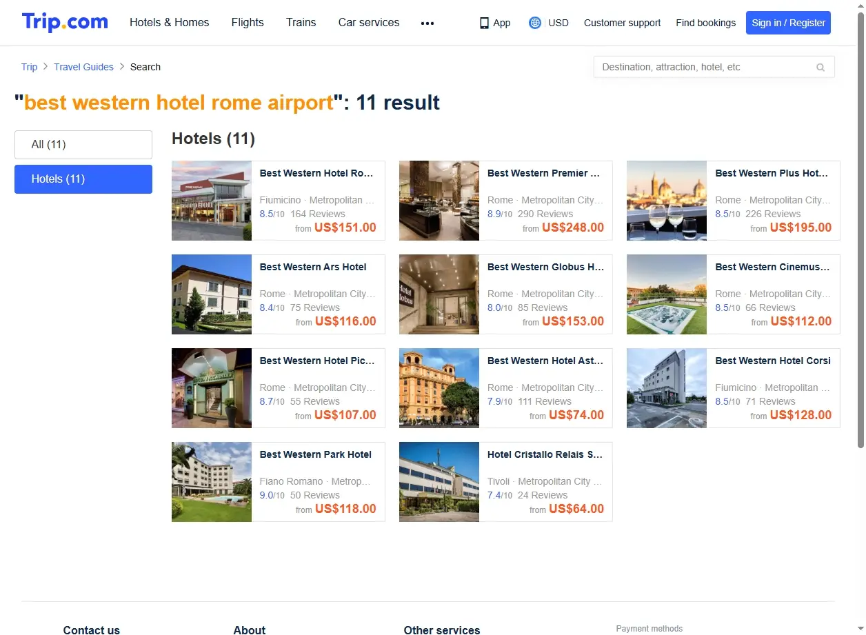 Schermata di Trip.com con offerte per il Best Western Hotel Roma Aeroporto