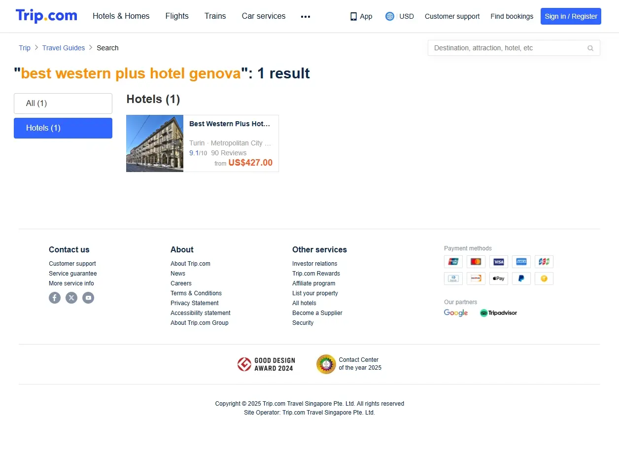 Screenshot della pagina di Trip.com con offerte hotel per Genova.