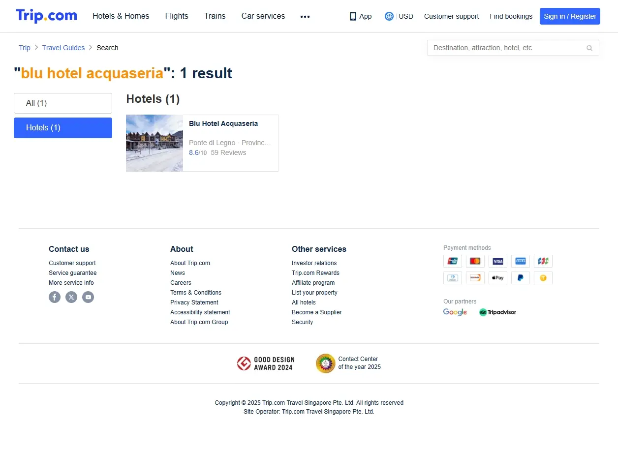 Schermata del sito di Trip.com con offerte per il Blu Hotel Acquaseria