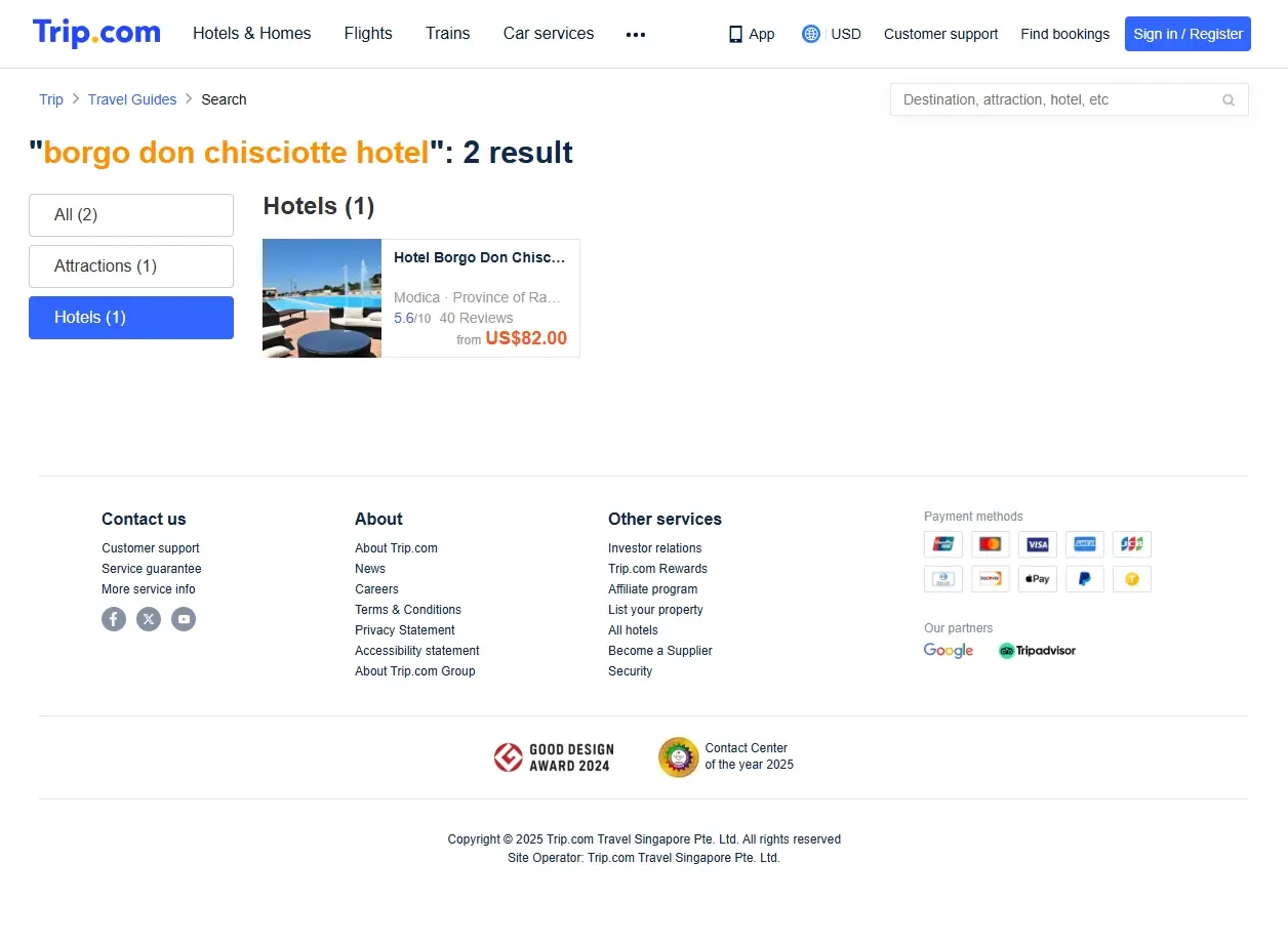 Schermata di Trip.com con offerte per Borgo Don Chisciotte Hotel