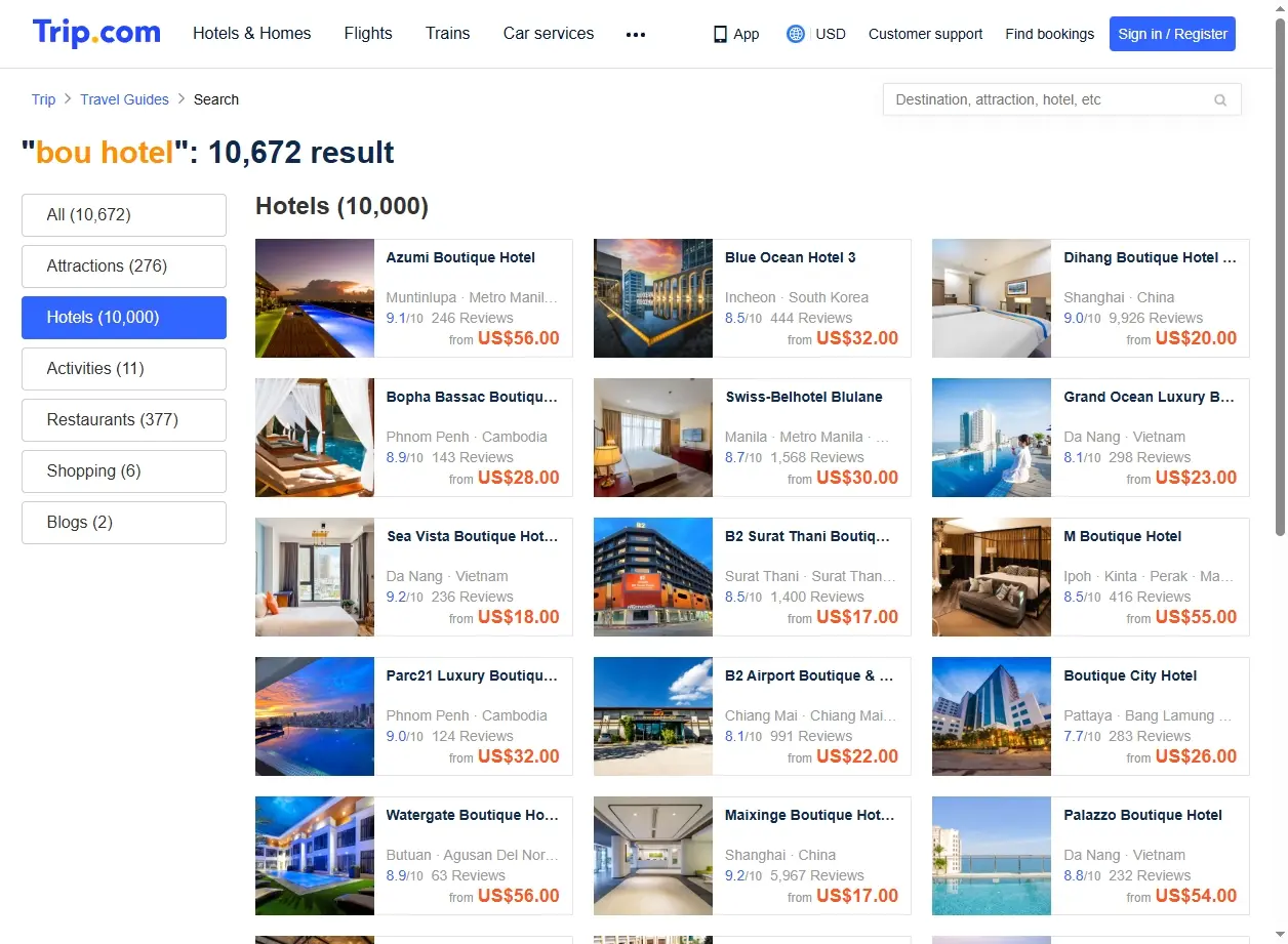 Schermata di ricerca offerte bou hotel su Trip.com