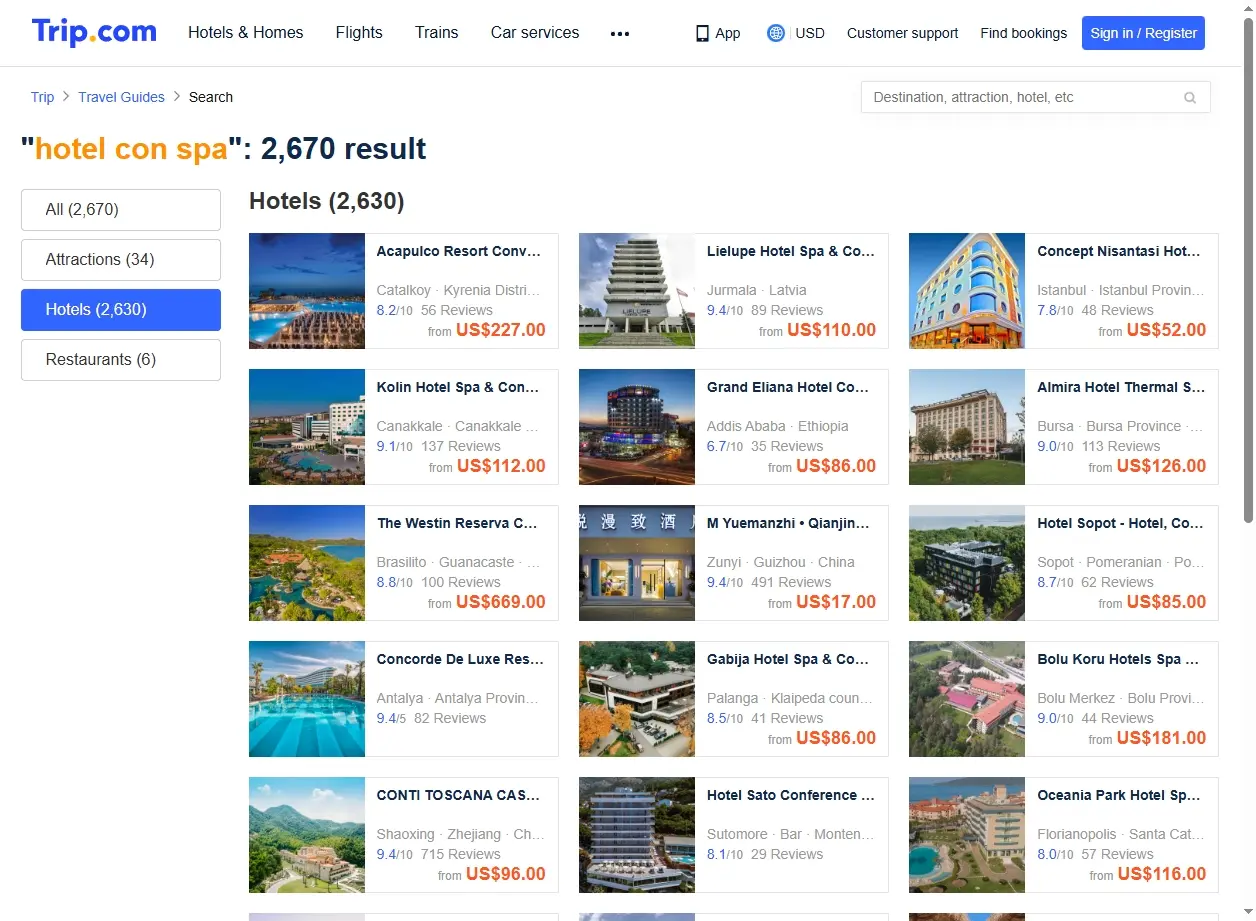 Schermata delle offerte di hotel con spa