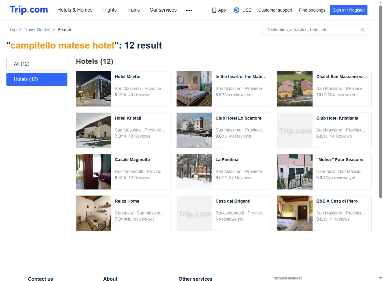 Screenshot di un sito di offerte hotel che mostra sconti per Campitello Matese.