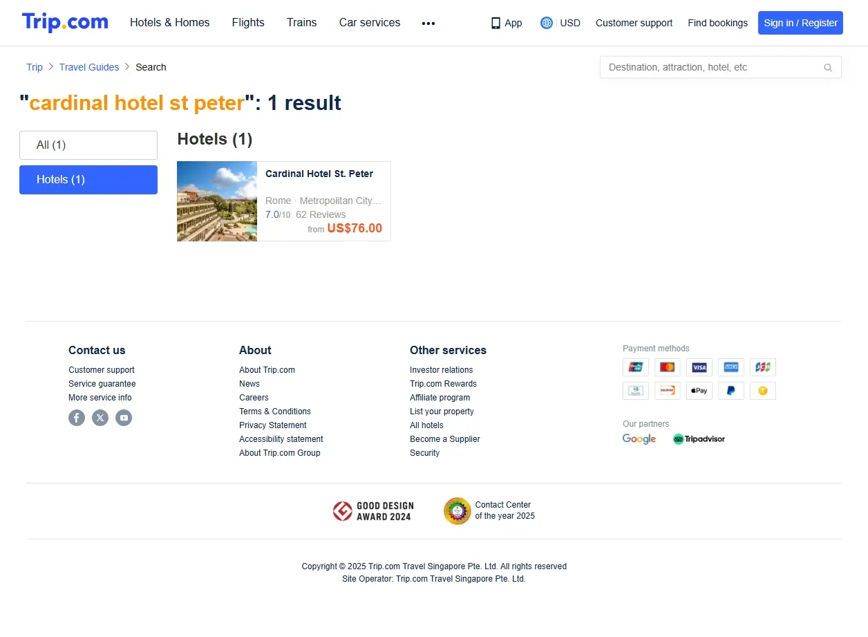 Schermata del sito che mostra le offerte per il Cardinal Hotel St. Peter
