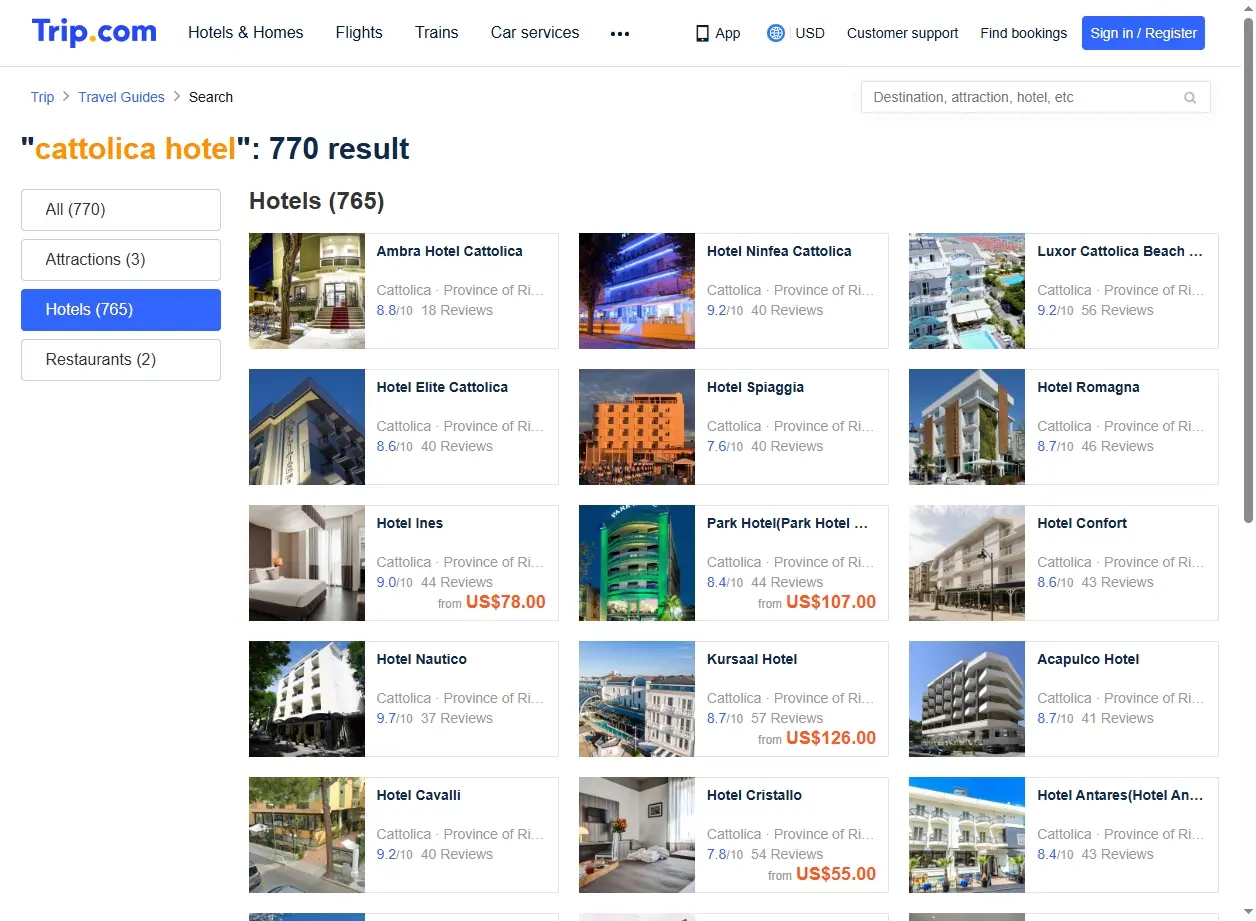 Schermata di Trip.com che mostra offerte speciali per hotel a Cattolica