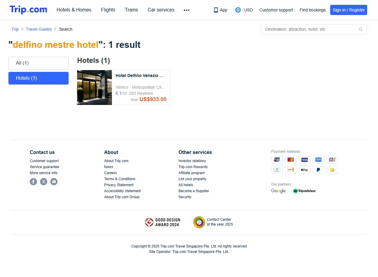 Schermata di Trip.com che mostra offerte speciali per l'Hotel Delfino Mestre