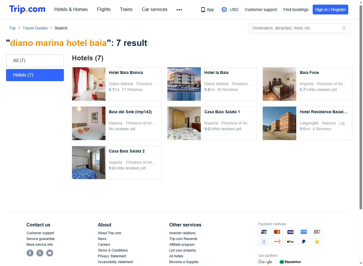 Schermata con offerte e sconti per Diano Marina Hotel Baia