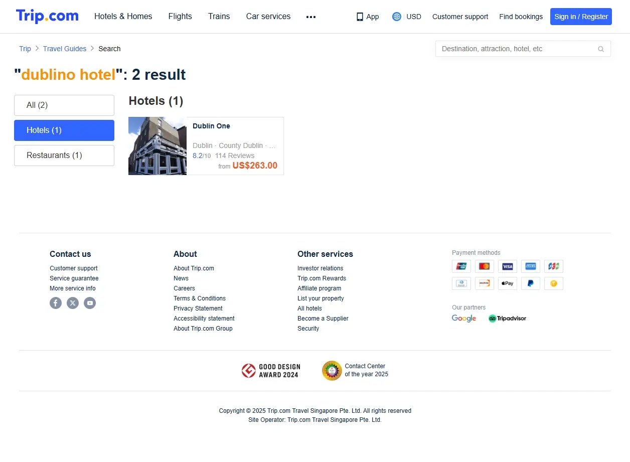 Schermata di offerte speciali per hotel a Dublino