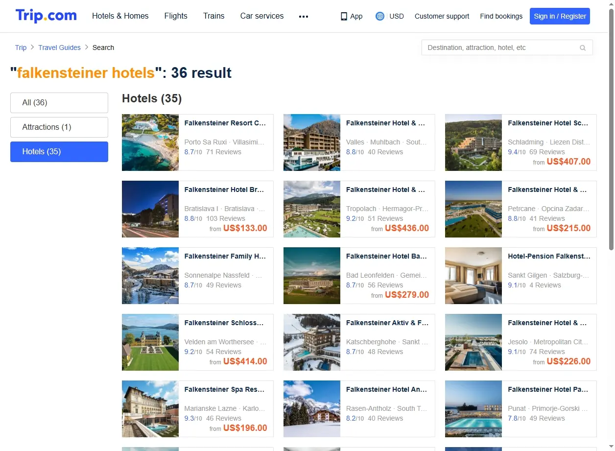Screenshot di offerte hotel Trip.com per Falkensteiner