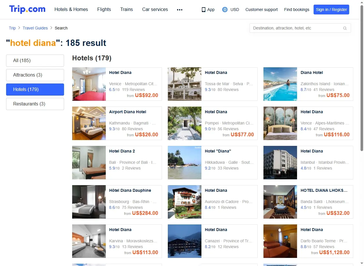 Schermata di Trip.com che mostra offerte speciali per l'Hotel Diana