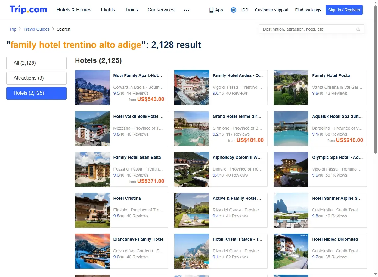 Schermata di ricerca hotel e offerte speciali per Family Hotel Trentino Alto Adige