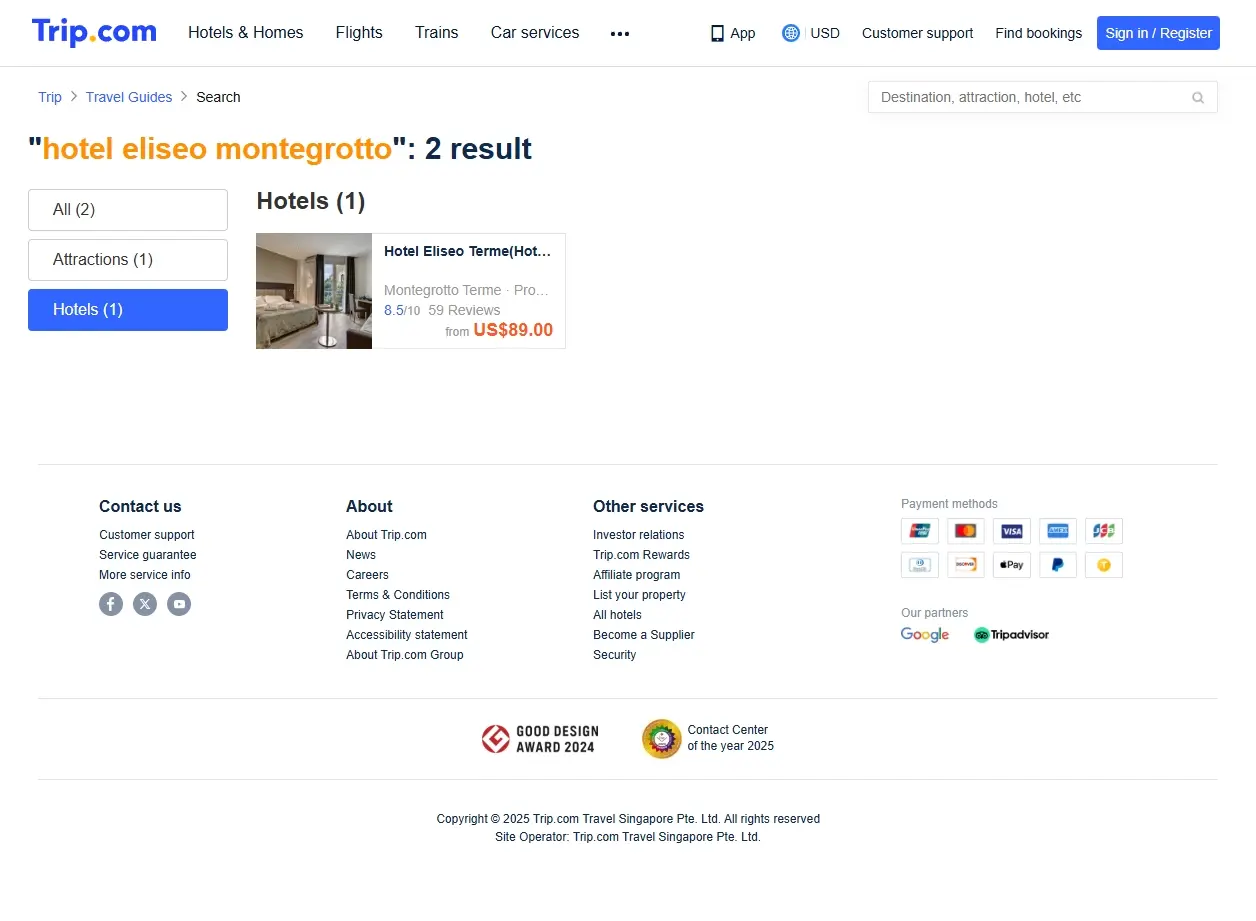 Schermata del sito di Trip.com con offerte per Hotel Eliseo Montegrotto