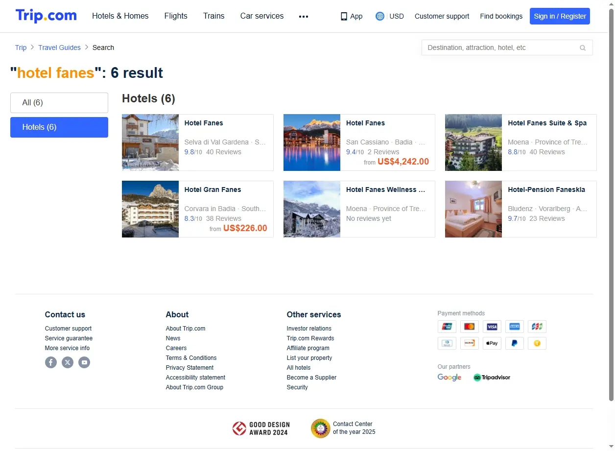 Schermata di ricerca offerte Hotel Fanes