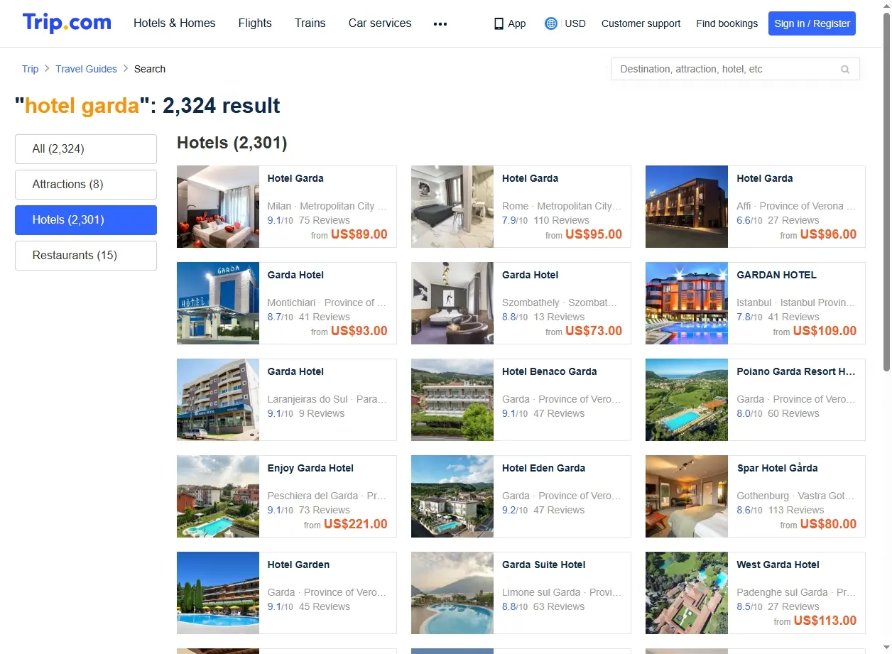 Schermata del sito web di Trip.com con offerte per hotel Garda