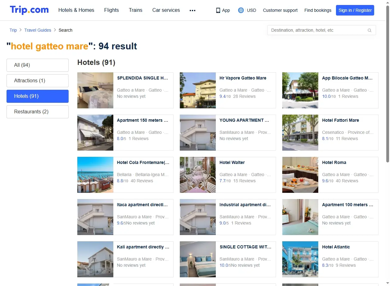 Schermata di Trip.com che mostra offerte di Hotel a Gatteo Mare