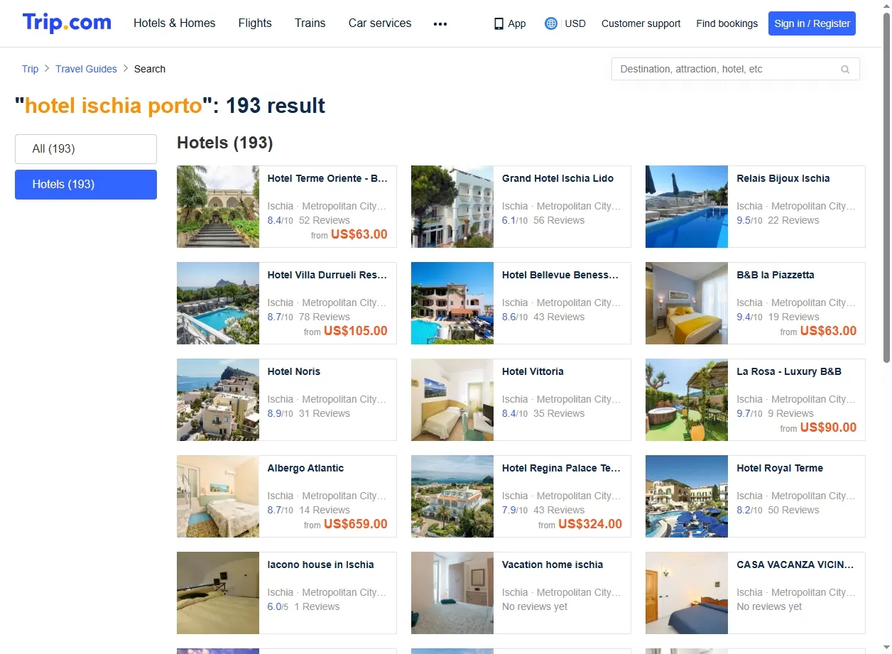 Schermata del sito che mostra offerte per hotel a Ischia Porto
