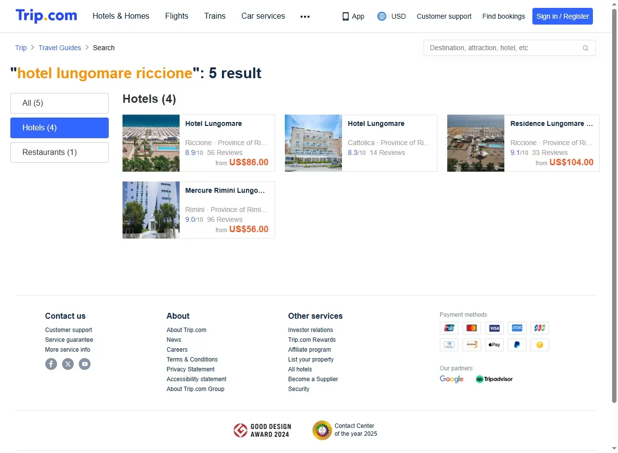 Schermata di Trip.com con offerte per hotel Lungomare Riccione