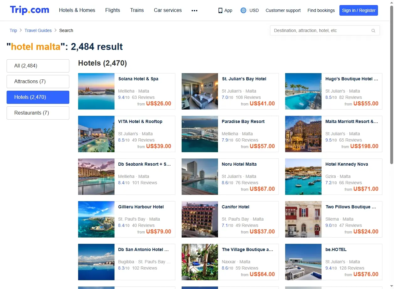 Schermata di offerte speciali per hotel Malta su Trip.com