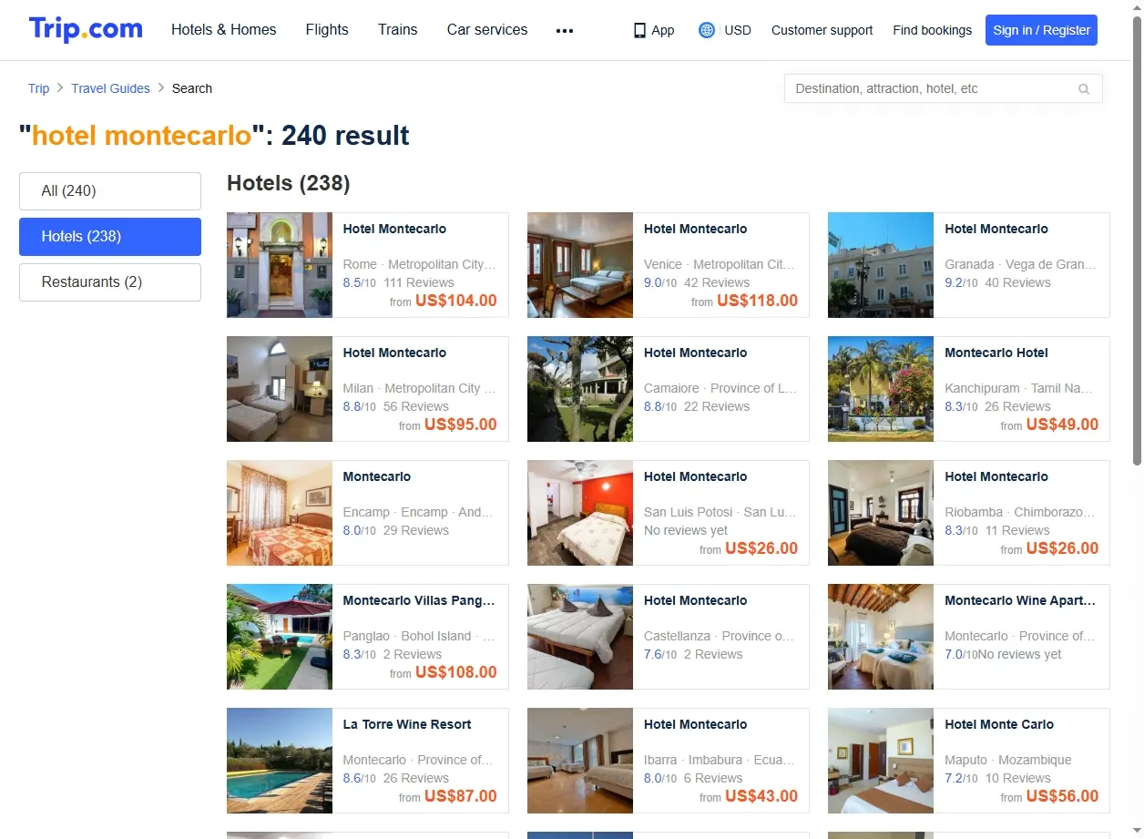 Schermata delle offerte hotel Monte Carlo su piattaforma di prenotazione.