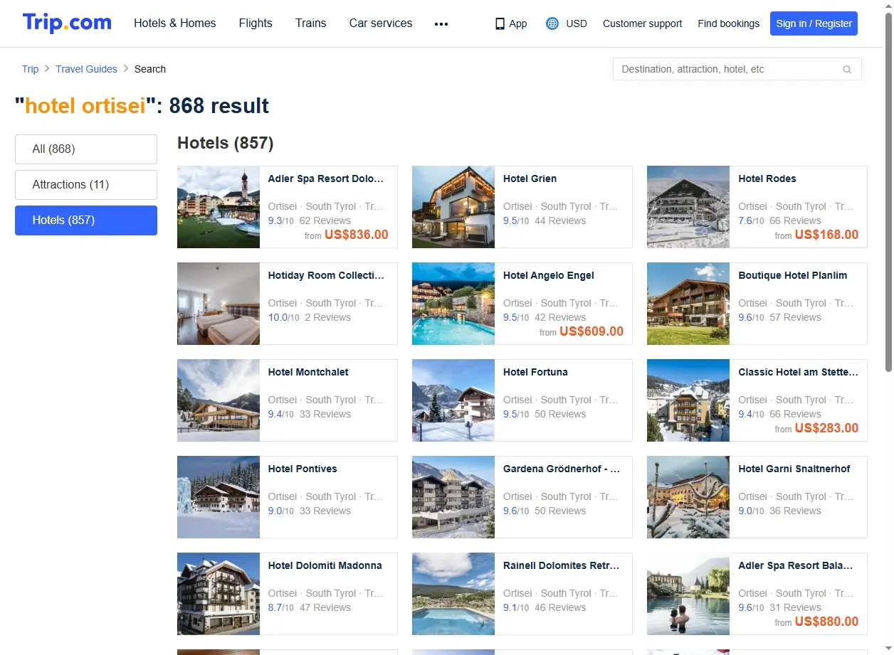 Schermata del sito che mostra offerte per hotel Ortisei