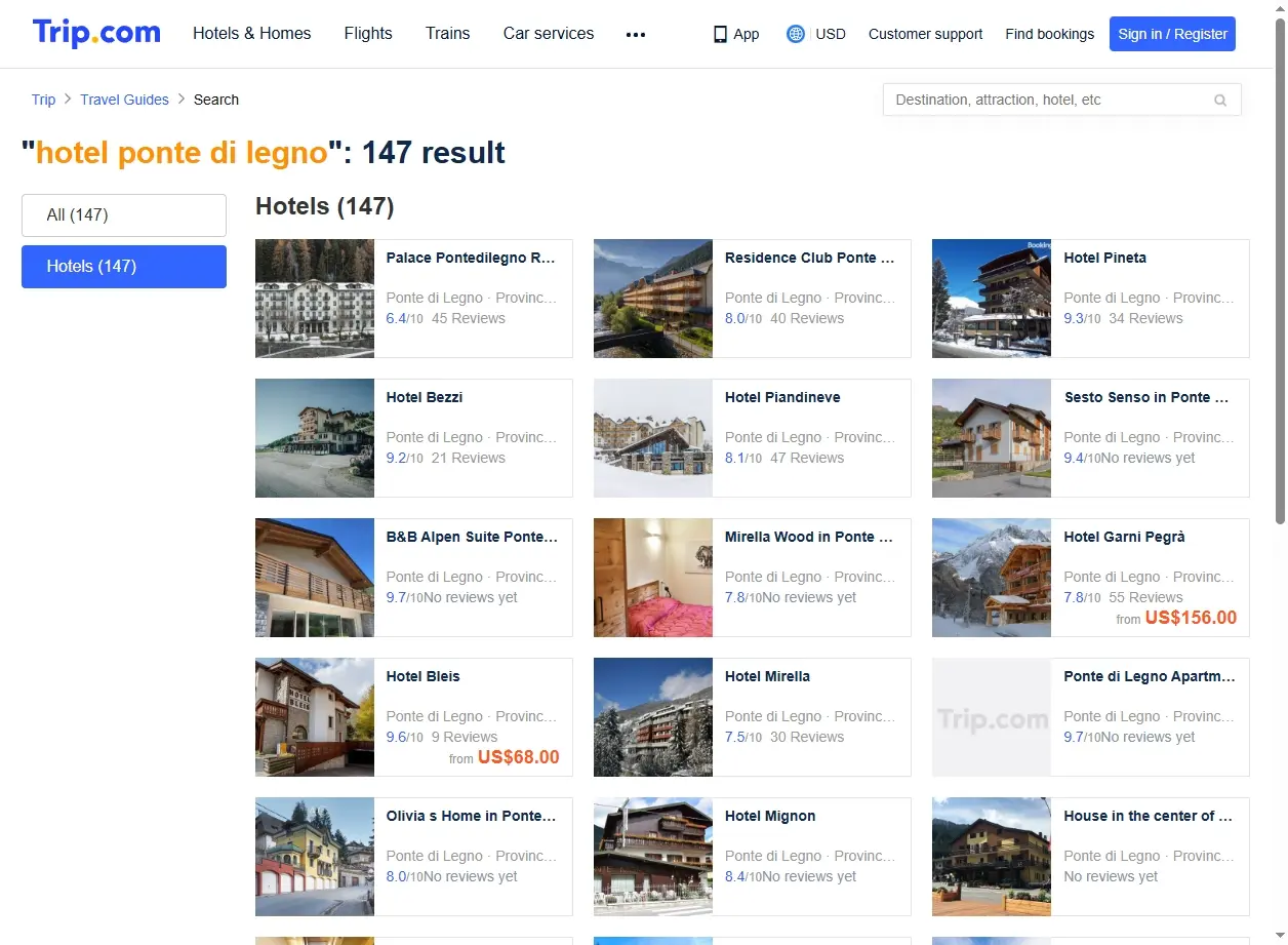 Schermata di offerte speciali per hotel Ponte di Legno su Trip.com