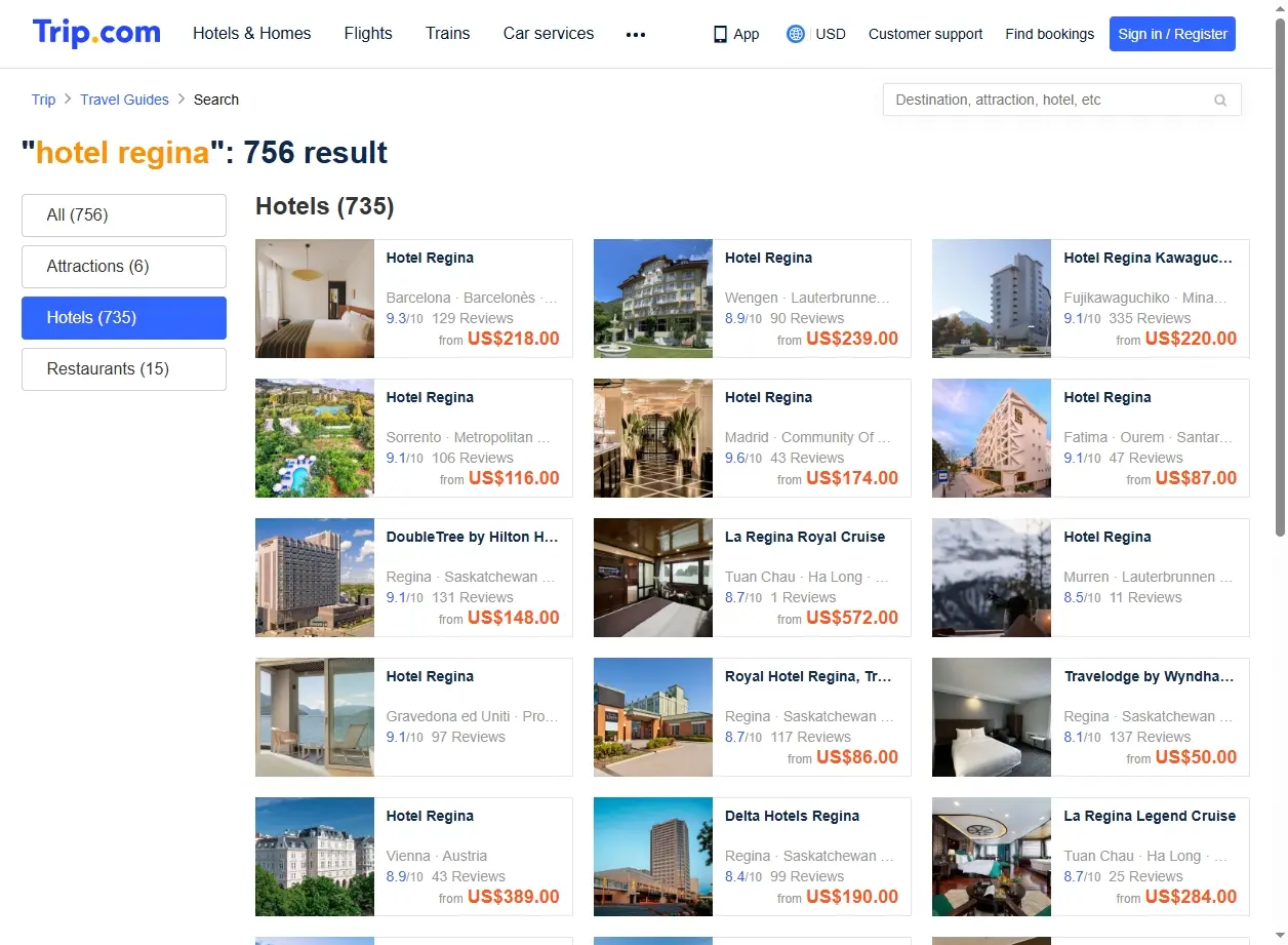Schermata di Trip.com con offerte Hotel Regina
