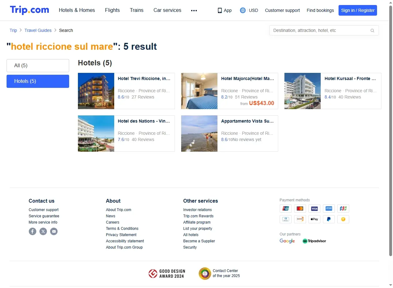 Schermata di offerte hotel Riccione sul mare con sconti.