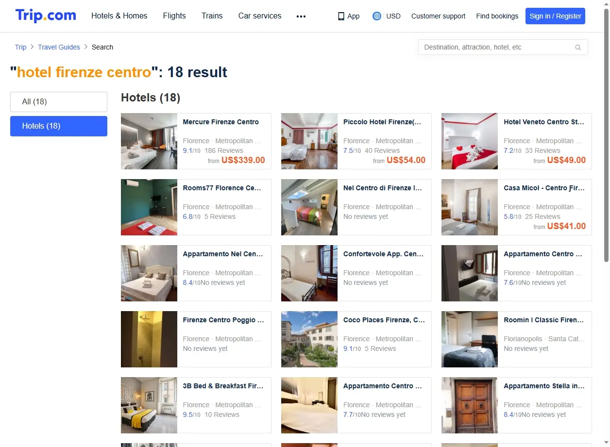 Schermata del sito di Trip.com con offerte per hotel Firenze centro.