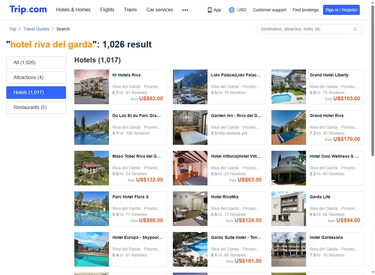 Schermata di offerte hotel a Riva del Garda
