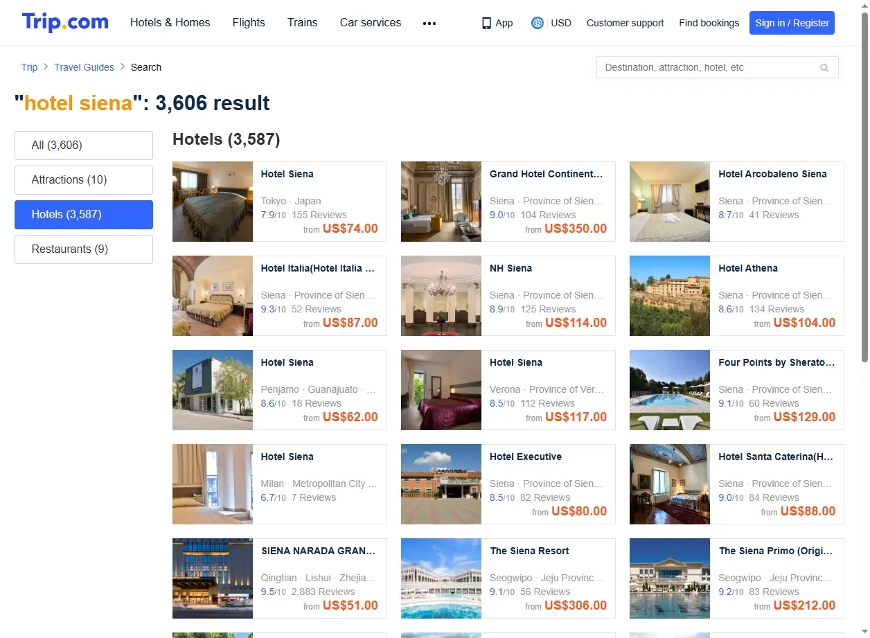 Schermata delle offerte hotel siena sul sito di prenotazione Trip.com.