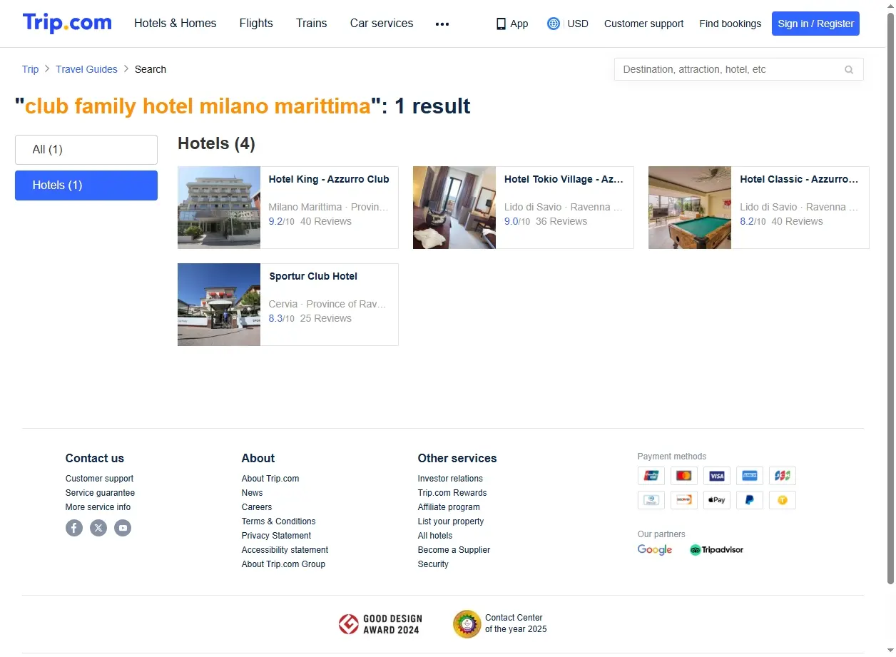 Schermata delle offerte Club Family Hotel Milano Marittima su Trip.com
